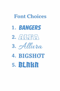 List of font choices labeled Bangers, Alfa, Allura, Bigshot, and Blaka on a white background.