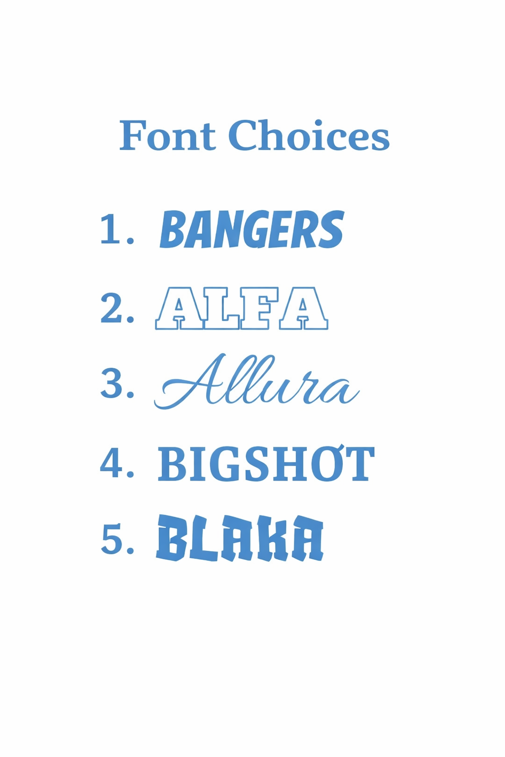 List of font choices labeled Bangers, Alfa, Allura, Bigshot, and Blaka on a white background.